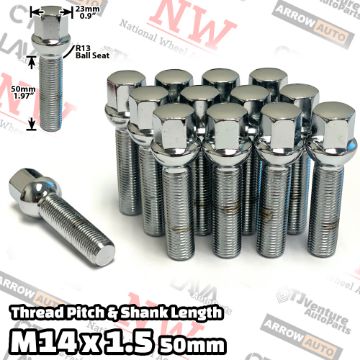 Show details for 10-Piece Set | Chrome | 14x1.5 Thread | 50 mm Extended Shank | R13 Ball Seat | Wheel Lug Bolts | Fit Mercedes Stock Wheels with 3-8mm Spacers Picture of 10-Piece Set | Chrome | 14x1.5 Thread | 50 mm Extended Shank | R13 Ball Seat | Wheel Lug Bolts | Fit Mercedes Stock Wheels with 3-8mm Spacers