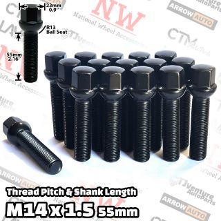 Picture of 10-Piece Set | Black | 14x1.5 Thread | 55 mm Extended Shank | R13 Ball Seat | Wheel Lug Bolts | Fit Mercedes Stock Wheels with 10-15mm Spacers