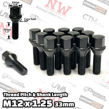 Show details for 20-Piece Set | Black | 12x1.25 Thread | 33mm Extended Shank | Cone Seat | Wheel Lug Bolts | For Wheels with 3-8mm Spacers Picture of 20-Piece Set | Black | 12x1.25 Thread | 33mm Extended Shank | Cone Seat | Wheel Lug Bolts | For Wheels with 3-8mm Spacers