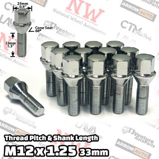 Picture of 10-Piece Set | Chrome | 12x1.25 Thread | 33mm Extended Shank | Cone Seat | Wheel Lug Bolts | For Wheels with 3-8mm Spacers