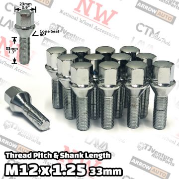 Show details for 20-Piece Set | Chrome | 12x1.25 Thread | 33mm Extended Shank | Cone Seat | Wheel Lug Bolts | For Wheels with 3-8mm Spacers Picture of 20-Piece Set | Chrome | 12x1.25 Thread | 33mm Extended Shank | Cone Seat | Wheel Lug Bolts | For Wheels with 3-8mm Spacers