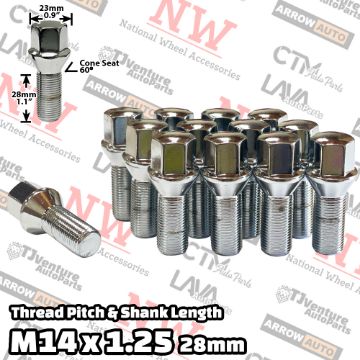 Show details for 20-Piece Set | Chrome | 14x1.25 Thread | 28mm Shank | Cone Seat | Wheel Lug Bolts | Fit BMW Mini Toyota Supra Picture of 20-Piece Set | Chrome | 14x1.25 Thread | 28mm Shank | Cone Seat | Wheel Lug Bolts | Fit BMW Mini Toyota Supra
