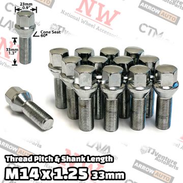 Show details for 20-Piece Set | Chrome | 14x1.25 Thread | 33mm Extended Shank | Cone Seat | Wheel Lug Bolts | Fit BMW Mini Toyota Supra with 3-8mm Spacers Picture of 20-Piece Set | Chrome | 14x1.25 Thread | 33mm Extended Shank | Cone Seat | Wheel Lug Bolts | Fit BMW Mini Toyota Supra with 3-8mm Spacers