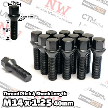 Show details for 20-Piece Set | Black | 14x1.25 Thread | 40mm Extended Shank | Cone Seat | Wheel Lug Bolts | Fit BMW Mini Toyota Supra with 10-15mm Spacers Picture of 20-Piece Set | Black | 14x1.25 Thread | 40mm Extended Shank | Cone Seat | Wheel Lug Bolts | Fit BMW Mini Toyota Supra with 10-15mm Spacers