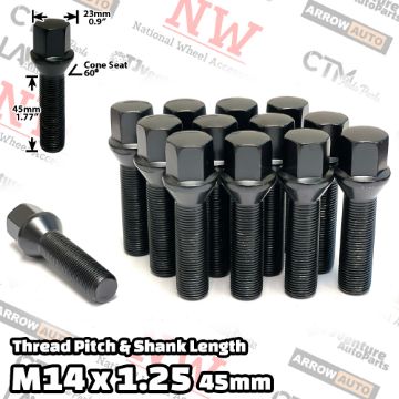 Show details for 20-Piece Set | Black | 14x1.25 Thread | 45mm Extended Shank | Cone Seat | Wheel Lug Bolts | Fit BMW Mini Toyota Supra with 15-20mm Spacers Picture of 20-Piece Set | Black | 14x1.25 Thread | 45mm Extended Shank | Cone Seat | Wheel Lug Bolts | Fit BMW Mini Toyota Supra with 15-20mm Spacers