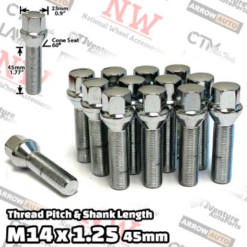 Show details for 10-Piece Set | Chrome | 14x1.25 Thread | 45mm Extended Shank | Cone Seat | Wheel Lug Bolts | Fit BMW Mini Toyota Supra with 15-20mm Spacers Picture of 10-Piece Set | Chrome | 14x1.25 Thread | 45mm Extended Shank | Cone Seat | Wheel Lug Bolts | Fit BMW Mini Toyota Supra with 15-20mm Spacers