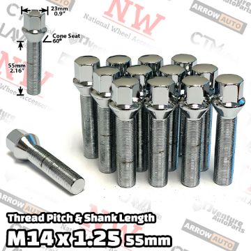Show details for 20-Piece Set | Chrome | 14x1.25 Thread | 55mm Extended Shank | Cone Seat | Wheel Lug Bolts | Fit BMW Mini Toyota Supra with 25-30mm Spacers Picture of 20-Piece Set | Chrome | 14x1.25 Thread | 55mm Extended Shank | Cone Seat | Wheel Lug Bolts | Fit BMW Mini Toyota Supra with 25-30mm Spacers