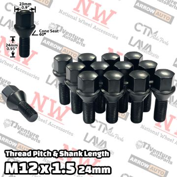 Show details for 10-Piece Set | Black | 12x1.5 Thread | 24mm Shank | Cone Seat | Wheel Lug Bolts | Fit BMW & More Picture of 10-Piece Set | Black | 12x1.5 Thread | 24mm Shank | Cone Seat | Wheel Lug Bolts | Fit BMW & More