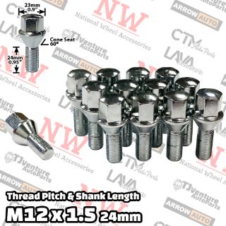 Picture of 10-Piece Set | Chrome | 12x1.5 Thread | 24mm Shank | Cone Seat | Wheel Lug Bolts | Fit BMW & More