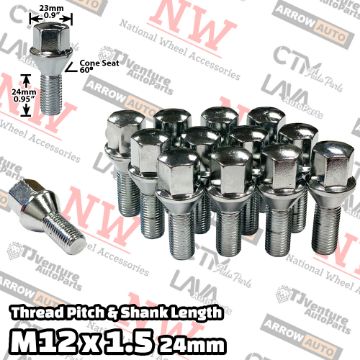 Show details for 20-Piece Set | Chrome | 12x1.5 Thread | 24mm Shank | Cone Seat | Wheel Lug Bolts | Fit BMW & More Picture of 20-Piece Set | Chrome | 12x1.5 Thread | 24mm Shank | Cone Seat | Wheel Lug Bolts | Fit BMW & More