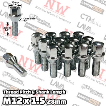 Show details for 20-Piece Set | Chrome | 12x1.5 Thread | 28mm Shank | Cone Seat | Wheel Lug Bolts | Fit BMW & More Picture of 20-Piece Set | Chrome | 12x1.5 Thread | 28mm Shank | Cone Seat | Wheel Lug Bolts | Fit BMW & More