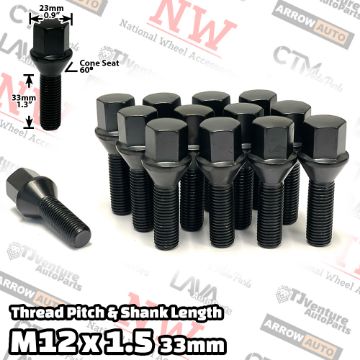 Show details for 20-Piece Set | Black | 12x1.5 Thread | 33mm Extended Shank | Cone Seat | Wheel Lug Bolts | Fit Mercedes Audi Aftermarket Wheels with 3-8mm Spacers Picture of 20-Piece Set | Black | 12x1.5 Thread | 33mm Extended Shank | Cone Seat | Wheel Lug Bolts | Fit Mercedes Audi Aftermarket Wheels with 3-8mm Spacers