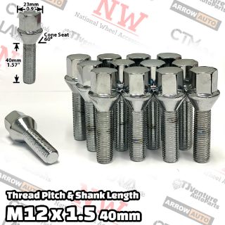 Picture of 10-Piece Set | Chrome | 12x1.5 Thread | 40mm Extended Shank | Cone Seat | Wheel Lug Bolts | Fit BMW & More with 10-15mm Spacers