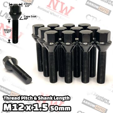 Show details for 10-Piece Set | Black | 12x1.5 Thread | 50mm Extended Shank | Cone Seat | Wheel Lug Bolts | Fit BMW & More with 20-25mm Spacers Picture of 10-Piece Set | Black | 12x1.5 Thread | 50mm Extended Shank | Cone Seat | Wheel Lug Bolts | Fit BMW & More with 20-25mm Spacers