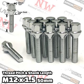 Picture of 10-Piece Set | Chrome | 12x1.5 Thread | 50mm Extended Shank | Cone Seat | Wheel Lug Bolts | Fit BMW & More with 20-25mm Spacers