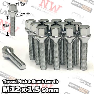 Show details for 10-Piece Set | Chrome | 12x1.5 Thread | 50mm Extended Shank | Cone Seat | Wheel Lug Bolts | Fit BMW & More with 20-25mm Spacers Picture of 10-Piece Set | Chrome | 12x1.5 Thread | 50mm Extended Shank | Cone Seat | Wheel Lug Bolts | Fit BMW & More with 20-25mm Spacers