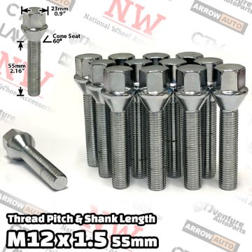 Show details for 20-Piece Set | Chrome | 12x1.5 Thread | 55mm Extended Shank | Cone Seat | Wheel Lug Bolts | Fit Mercedes Audi Aftermarket Wheels with 25-30mm Spacers Picture of 20-Piece Set | Chrome | 12x1.5 Thread | 55mm Extended Shank | Cone Seat | Wheel Lug Bolts | Fit Mercedes Audi Aftermarket Wheels with 25-30mm Spacers