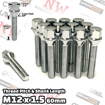 Show details for 20-Piece Set | Chrome | 12x1.5 Thread | 60mm Extended Shank | Cone Seat | Wheel Lug Bolts | Fit BMW & More with 30-35mm Spacers Picture of 20-Piece Set | Chrome | 12x1.5 Thread | 60mm Extended Shank | Cone Seat | Wheel Lug Bolts | Fit BMW & More with 30-35mm Spacers