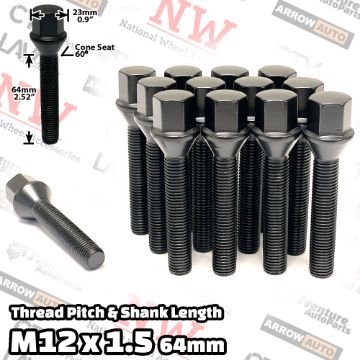 Show details for 20-Piece Set | Black | 12x1.5 Thread | 64mm Extended Shank | Cone Seat | Wheel Lug Bolts | Fit BMW & More with 35-40mm Spacers Picture of 20-Piece Set | Black | 12x1.5 Thread | 64mm Extended Shank | Cone Seat | Wheel Lug Bolts | Fit BMW & More with 35-40mm Spacers