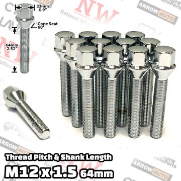 Show details for 10-Piece Set | Chrome | 12x1.5 Thread | 64mm Extended Shank | Cone Seat | Wheel Lug Bolts | Fit Mercedes Audi Aftermarket Wheels with 35-40mm Spacers Picture of 10-Piece Set | Chrome | 12x1.5 Thread | 64mm Extended Shank | Cone Seat | Wheel Lug Bolts | Fit Mercedes Audi Aftermarket Wheels with 35-40mm Spacers