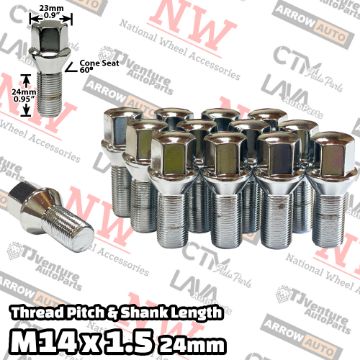 Show details for 20-Piece Set | Chrome | 14x1.5 Thread | 24mm Shank | Cone Seat | Wheel Lug Bolts Picture of 20-Piece Set | Chrome | 14x1.5 Thread | 24mm Shank | Cone Seat | Wheel Lug Bolts