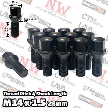 Show details for 10-Piece Set | Black | 14x1.5 Thread | 28mm Shank | Cone Seat | Wheel Lug Bolts | Fit Mercedes Audi Volkswagen Porsche Bentley Aftermarket Wheels Picture of 10-Piece Set | Black | 14x1.5 Thread | 28mm Shank | Cone Seat | Wheel Lug Bolts | Fit Mercedes Audi Volkswagen Porsche Bentley Aftermarket Wheels