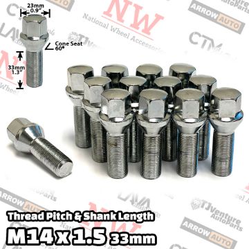 Show details for 20-Piece Set | Chrome | 14x1.5 Thread | 33mm Extended Shank | Cone Seat | Wheel Lug Bolts | For Wheels with 3-8mm Spacers Picture of 20-Piece Set | Chrome | 14x1.5 Thread | 33mm Extended Shank | Cone Seat | Wheel Lug Bolts | For Wheels with 3-8mm Spacers