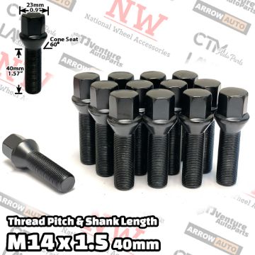 Show details for 20-Piece Set | Black | 14x1.5 Thread | 40mm Extended Shank | Cone Seat | Wheel Lug Bolts | Fit Mercedes Audi Volkswagen Porsche Bentley Aftermarket Wheels with 10-15mm Spacer Picture of 20-Piece Set | Black | 14x1.5 Thread | 40mm Extended Shank | Cone Seat | Wheel Lug Bolts | Fit Mercedes Audi Volkswagen Porsche Bentley Aftermarket Wheels with 10-15mm Spacer