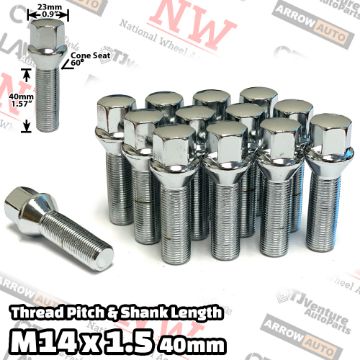Show details for 20-Piece Set | Chrome | 14x1.5 Thread | 40mm Extended Shank | Cone Seat | Wheel Lug Bolts | For Wheels with 10-15mm Spacers Picture of 20-Piece Set | Chrome | 14x1.5 Thread | 40mm Extended Shank | Cone Seat | Wheel Lug Bolts | For Wheels with 10-15mm Spacers