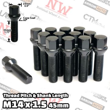 Show details for 10-Piece Set | Black | 14x1.5 Thread | 45mm Extended Shank | Cone Seat | Wheel Lug Bolts | Fit Mercedes Audi Volkswagen Porsche Bentley Aftermarket Wheels with 15-20mm Spacer Picture of 10-Piece Set | Black | 14x1.5 Thread | 45mm Extended Shank | Cone Seat | Wheel Lug Bolts | Fit Mercedes Audi Volkswagen Porsche Bentley Aftermarket Wheels with 15-20mm Spacer