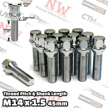 Show details for 20-Piece Set | Chrome | 14x1.5 Thread | 45mm Extended Shank | Cone Seat | Wheel Lug Bolts | Fit Mercedes Audi Volkswagen Porsche Bentley Aftermarket Wheels with 15-20mm Spacer Picture of 20-Piece Set | Chrome | 14x1.5 Thread | 45mm Extended Shank | Cone Seat | Wheel Lug Bolts | Fit Mercedes Audi Volkswagen Porsche Bentley Aftermarket Wheels with 15-20mm Spacer