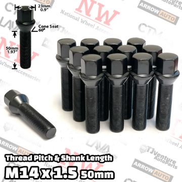 Show details for 20-Piece Set | Black | 14x1.5 Thread | 50mm Extended Shank | Cone Seat | Wheel Lug Bolts | For Wheels with 20-25mm Spacers Picture of 20-Piece Set | Black | 14x1.5 Thread | 50mm Extended Shank | Cone Seat | Wheel Lug Bolts | For Wheels with 20-25mm Spacers