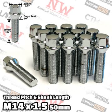 Show details for 20-Piece Set | Chrome | 14x1.5 Thread | 50mm Extended Shank | Cone Seat | Wheel Lug Bolts | Fit Mercedes Audi Volkswagen Porsche Bentley Aftermarket Wheels with 20-25mm Spacer Picture of 20-Piece Set | Chrome | 14x1.5 Thread | 50mm Extended Shank | Cone Seat | Wheel Lug Bolts | Fit Mercedes Audi Volkswagen Porsche Bentley Aftermarket Wheels with 20-25mm Spacer