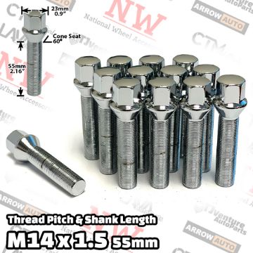 Show details for 20-Piece Set | Chrome | 14x1.5 Thread | 55mm Extended Shank | Cone Seat | Wheel Lug Bolts | For Wheels with 25-30mm Spacers Picture of 20-Piece Set | Chrome | 14x1.5 Thread | 55mm Extended Shank | Cone Seat | Wheel Lug Bolts | For Wheels with 25-30mm Spacers