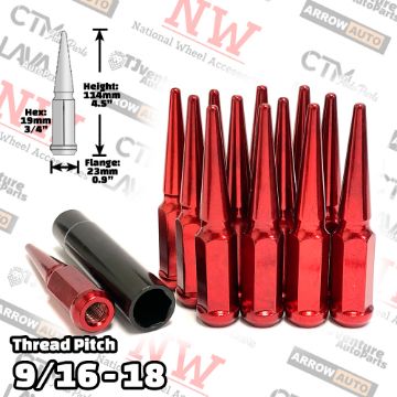 Show details for 32-Piece Set | 4.5” Tall | Red | 9/16-18 Thread | 3/4” Hex Drive Drive | Spike Lug Nuts | Plus Security Socket Picture of 32-Piece Set | 4.5” Tall | Red | 9/16-18 Thread | 3/4” Hex Drive Drive | Spike Lug Nuts | Plus Security Socket