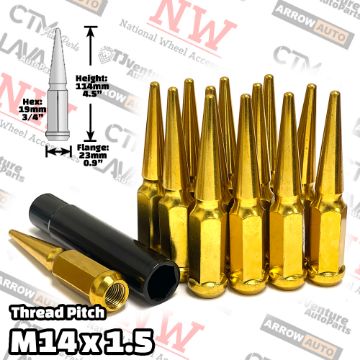 Show details for 32-Piece Set | 4.5” Tall | Gold | 14x1.5 Thread | 3/4” Hex Drive Drive | Spike Lug Nuts | Plus Security Socket Picture of 32-Piece Set | 4.5” Tall | Gold | 14x1.5 Thread | 3/4” Hex Drive Drive | Spike Lug Nuts | Plus Security Socket