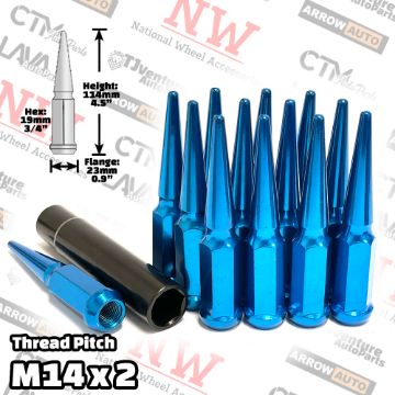 Show details for 28-Piece Set | 4.5” Tall | Blue | 14x2 Thread | 3/4” Hex Drive Drive | Spike Lug Nuts | Plus Security Socket Picture of 28-Piece Set | 4.5” Tall | Blue | 14x2 Thread | 3/4” Hex Drive Drive | Spike Lug Nuts | Plus Security Socket