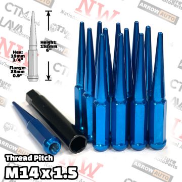 Show details for 32-Piece Set | 6” Extra Tall | Blue | 14x1.5 Thread | 3/4” Hex Drive Drive | Spike Lug Nuts | Plus Security Socket Picture of 32-Piece Set | 6” Extra Tall | Blue | 14x1.5 Thread | 3/4” Hex Drive Drive | Spike Lug Nuts | Plus Security Socket
