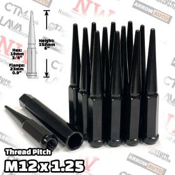 Show details for 24-Piece Set | 6” Extra Tall | Black | 12x1.25 Thread | 3/4” Hex Drive Drive | Spike Lug Nuts | Plus Security Socket Picture of 24-Piece Set | 6” Extra Tall | Black | 12x1.25 Thread | 3/4” Hex Drive Drive | Spike Lug Nuts | Plus Security Socket