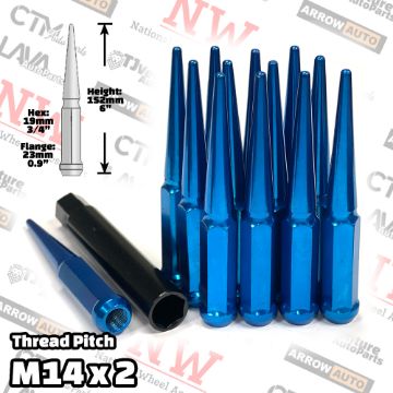 Show details for 24-Piece Set | 6” Extra Tall | Blue | 14x2 Thread | 3/4” Hex Drive Drive | Spike Lug Nuts | Plus Security Socket Picture of 24-Piece Set | 6” Extra Tall | Blue | 14x2 Thread | 3/4” Hex Drive Drive | Spike Lug Nuts | Plus Security Socket