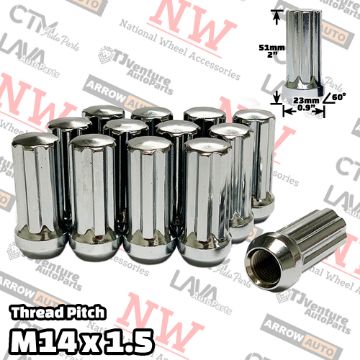 Show details for Wholesales | 50-Piece Box | 2” Tall | Chrome | 14x1.5 Thread | 7 Spline | Tuner Locker | Performance Wheel Lug Nuts Picture of Wholesales | 50-Piece Box | 2” Tall | Chrome | 14x1.5 Thread | 7 Spline | Tuner Locker | Performance Wheel Lug Nuts
