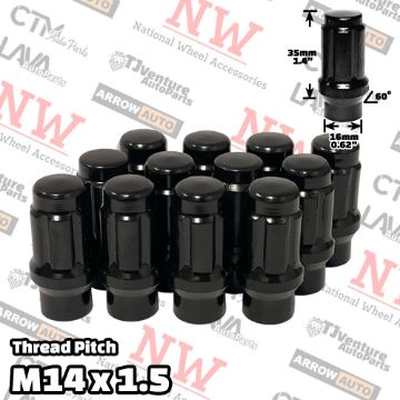 Show details for Wholesales | 50-Piece Box | Black | 14x1.5 Thread | 6 Spline Tuner Locker | Extended Thread (ET) Style | Wheel Lug Nuts Picture of Wholesales | 50-Piece Box | Black | 14x1.5 Thread | 6 Spline Tuner Locker | Extended Thread (ET) Style | Wheel Lug Nuts
