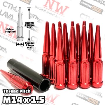 Show details for Wholesales | 4-Box of 24-Piece Set | 4.5” Tall | Red | 14x1.5 Thread | 7 Spline Tuner Drive | Performance Spike Lug Nuts | Plus Security Socket Picture of Wholesales | 4-Box of 24-Piece Set | 4.5” Tall | Red | 14x1.5 Thread | 7 Spline Tuner Drive | Performance Spike Lug Nuts | Plus Security Socket
