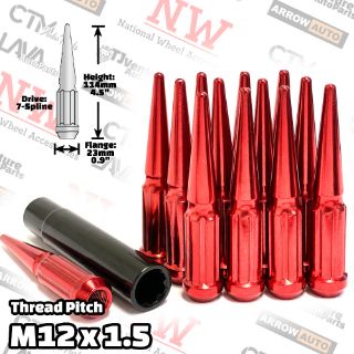 Picture of Wholesales | 4-Box of 24-Piece Set | 4.5” Tall | Red | 12x1.5 Thread | 7 Spline Tuner Drive | Performance Spike Lug Nuts | Plus Security Socket