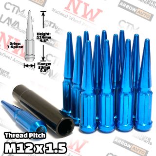 Picture of Wholesales | 4-Box of 24-Piece Set | 4.5” Tall | Blue | 12x1.5 Thread | 7 Spline Tuner Drive | Performance Spike Lug Nuts | Plus Security Socket