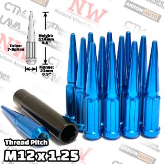 Picture of Wholesales | 4-Box of 24-Piece Set | 4.5” Tall | Blue | 12x1.25 Thread | 7 Spline Tuner Drive | Performance Spike Lug Nuts | Plus Security Socket