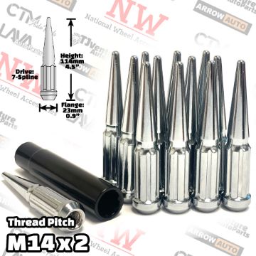 Show details for Wholesales | 4-Box of 24-Piece Set | 4.5” Tall | Chrome | 14x2 Thread | 7 Spline Tuner Drive | Performance Spike Lug Nuts | Plus Security Socket Picture of Wholesales | 4-Box of 24-Piece Set | 4.5” Tall | Chrome | 14x2 Thread | 7 Spline Tuner Drive | Performance Spike Lug Nuts | Plus Security Socket
