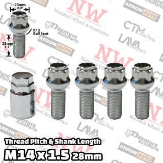 Picture of Wholesales | 20-Set | Chrome | 14x1.5 Thread | 28mm Shank | R13 Ball Seat | 5-Point Anti-Thieft Wheel Lock Lug Bolts | Fit Mercedes Audi Volkswagen Porsche Bentley Stock Wheels | Plus Security Key