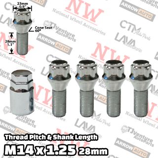 Picture of Wholesales | 20-Set | Chrome | 14x1.25 Thread | 28mm Shank | Cone Seat | 5-Point Anti-Thieft Wheel Lock Lug Bolts | Fit BMW Mini Toyota Supra | Plus Security Key