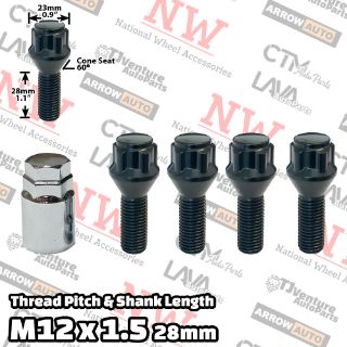 Picture of Wholesales | 20-Set | Black | 12x1.5 Thread | 28mm Shank | Cone Seat | 5-Point Anti-Thieft Wheel Lock Lug Bolts | Fit BMW & More | Plus Security Socket